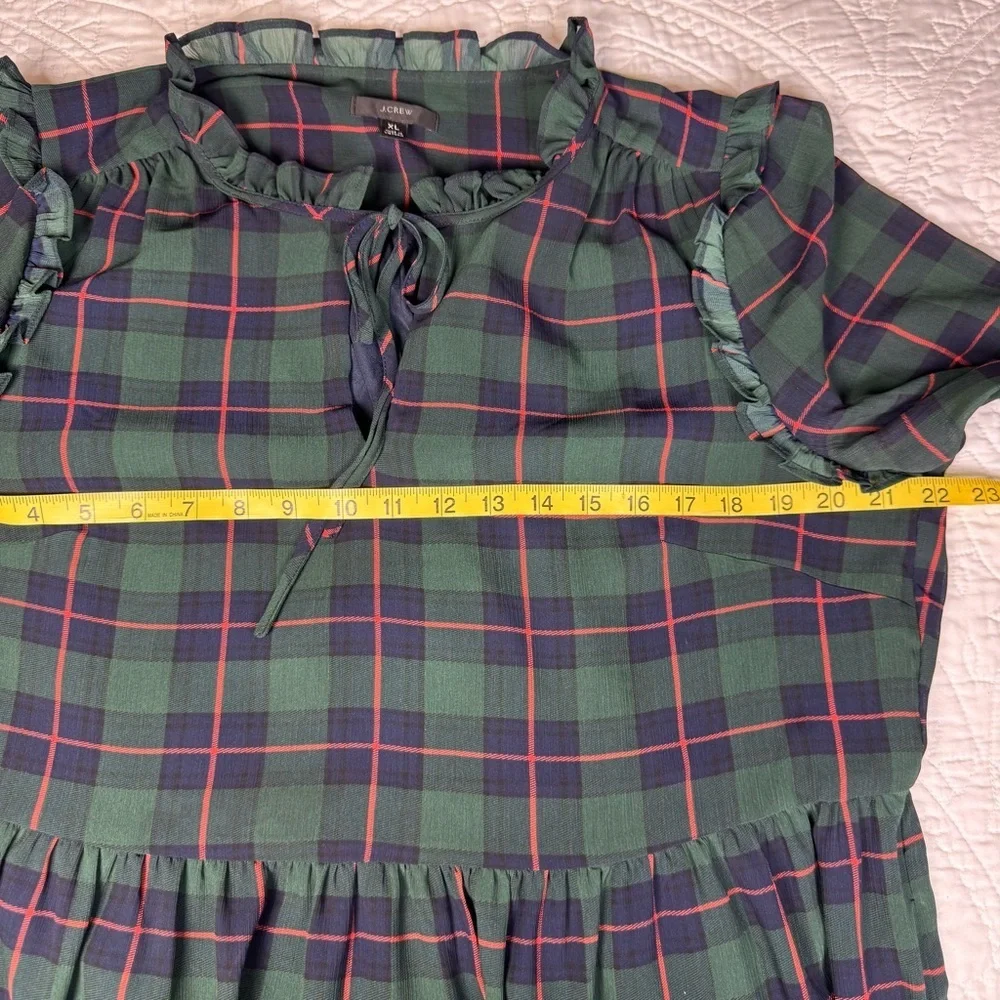J.Crew Tartan Plaid Tiered Dress XL Green Blue Ruffle Tie Neck Long Sleeve